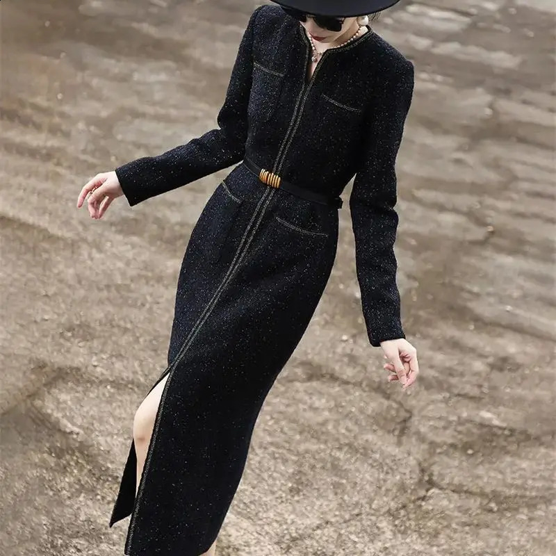 Autumn Winter Elegant Tweed Party Dress Fashion Bright Silk Split Midi Dress Women Long Sleeves Slim Celebrity Vestidos 189P 240824