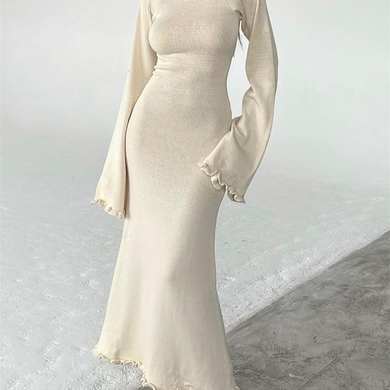 Women Knitted Bodycon Dress Long Sleeve Tie Backless Round Neck Dress Solid Color Ruffle Trim Casual Dresses Fashion Clothes 240823