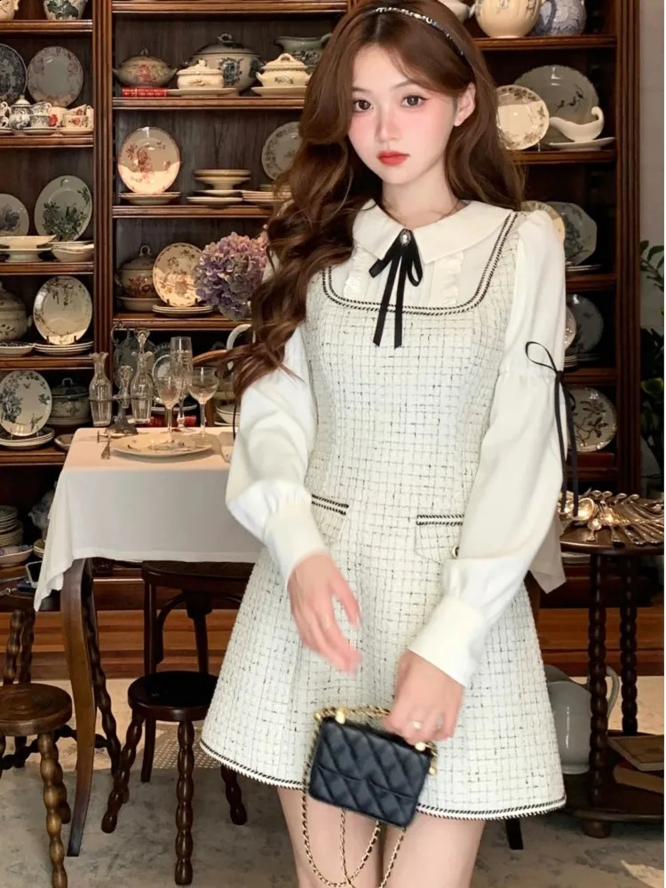 French Vintage Patchwork Short Dresses for Women Long Sleeves Tweed Korean Birthday Party Evening Dresses Autumn Spring Vestidos 240824