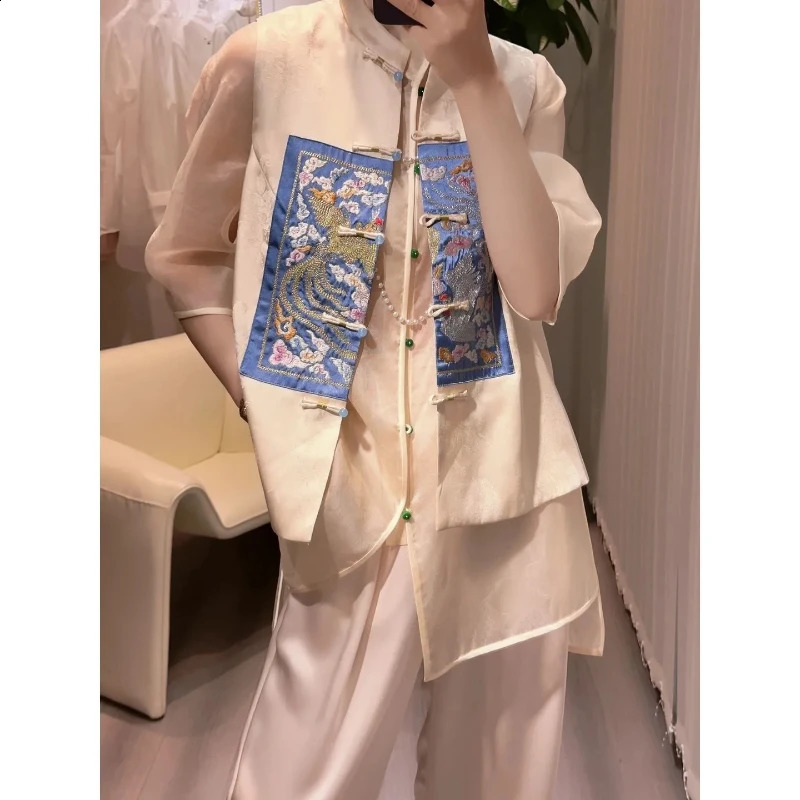 Spring and Autumn Chinese Style Minimalist Fashion Mid to Long Blouses Stand Up Collar Solid Color Button Womens Shirt Top 240823