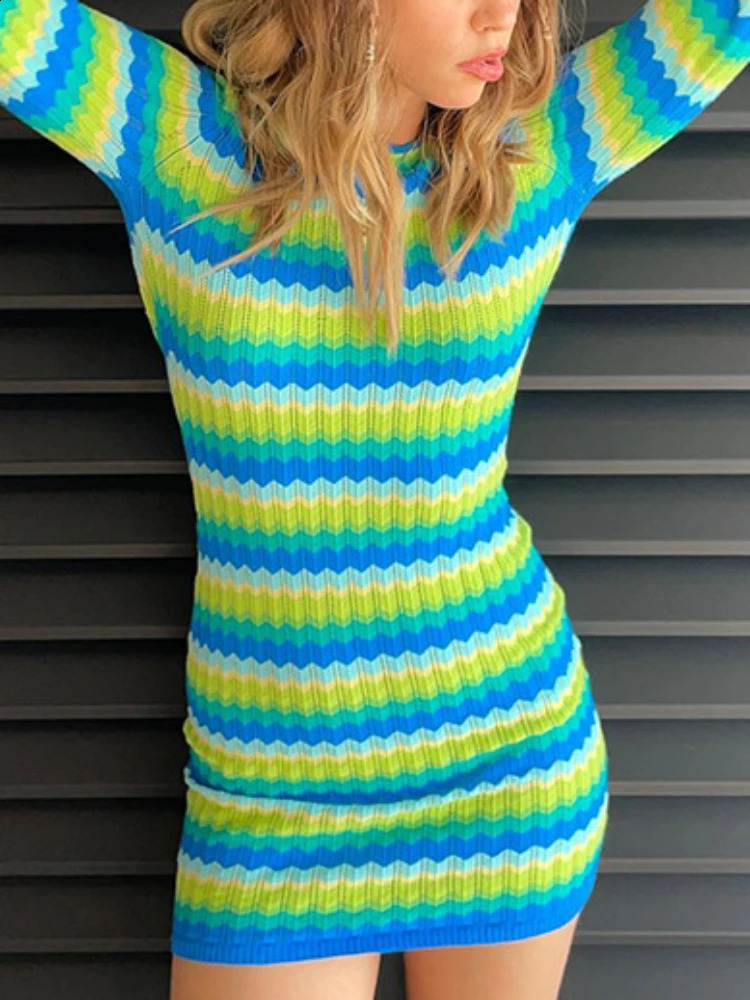 Sexy Candy Colored Stripes Slim Bodycon Dress Women Long Sleeved Backless Skinny Mini Dress Evening Club Party Vestidos 240823