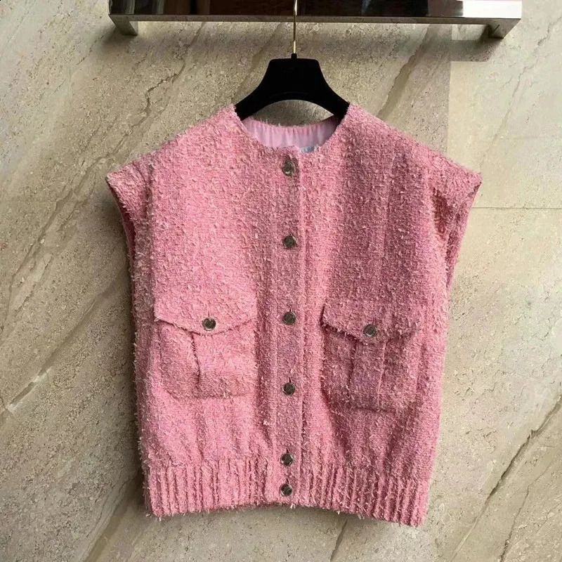 Autumn Winter Women Knitted Vest Top Runway er Elegant Pink Oversized Tweed Vest Loose Sleeveless Jacket Coat Outwear 240823