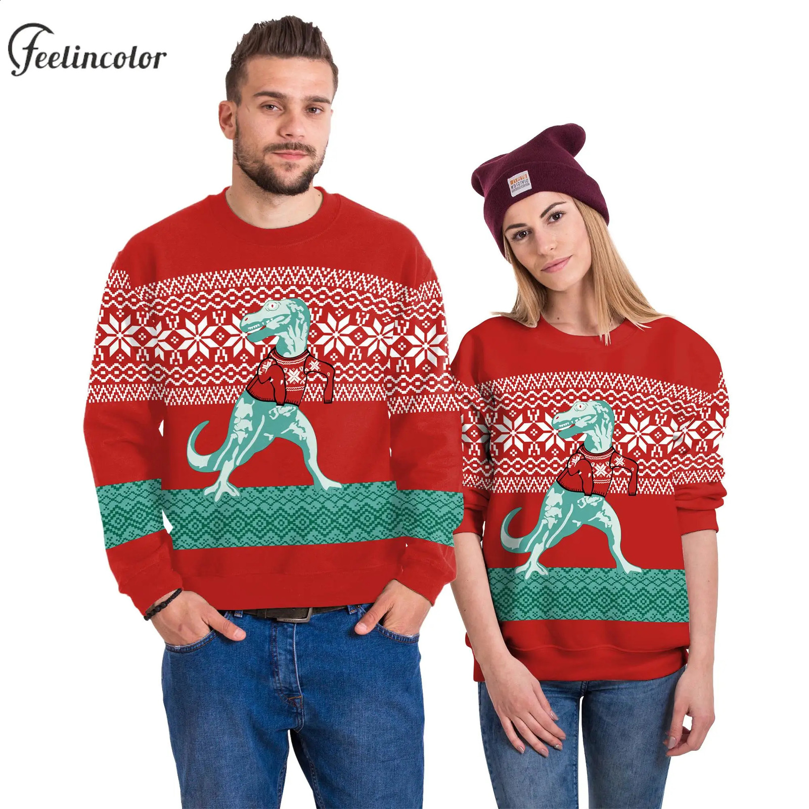 Ugly Christmas Sweatshirts Dinosaur Pattern Couple Pullover Xmas Oversized Crewneck Sweatshirts Women Men Holiday Party Clothes 240823