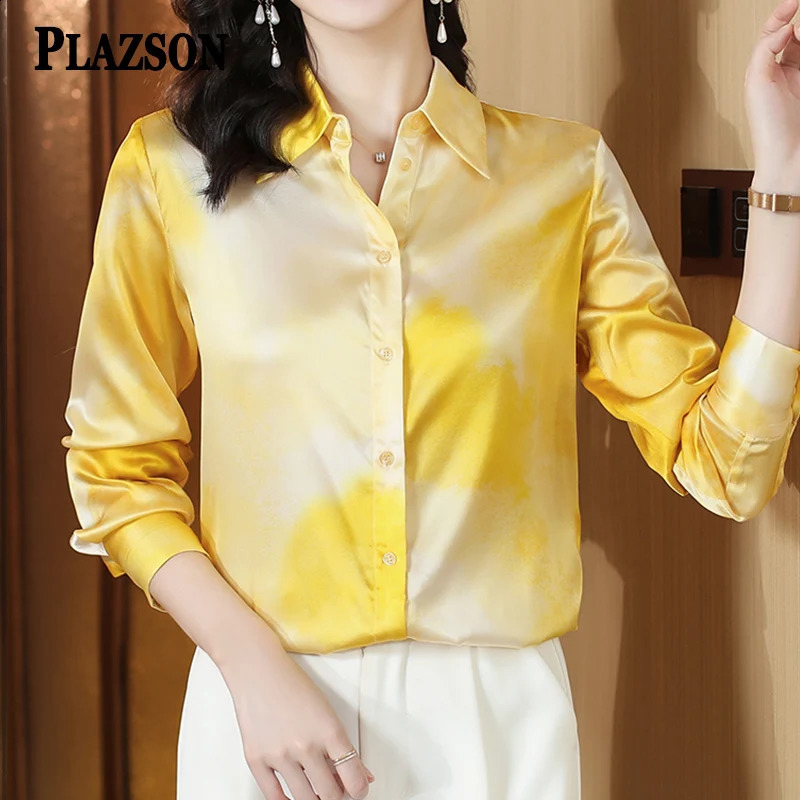Gradient Yellow Satin Summer Shirt for Women Long Sleeve Spring Autumn Elegant Woman Blouses Office Ladies Tops blusas para 240823