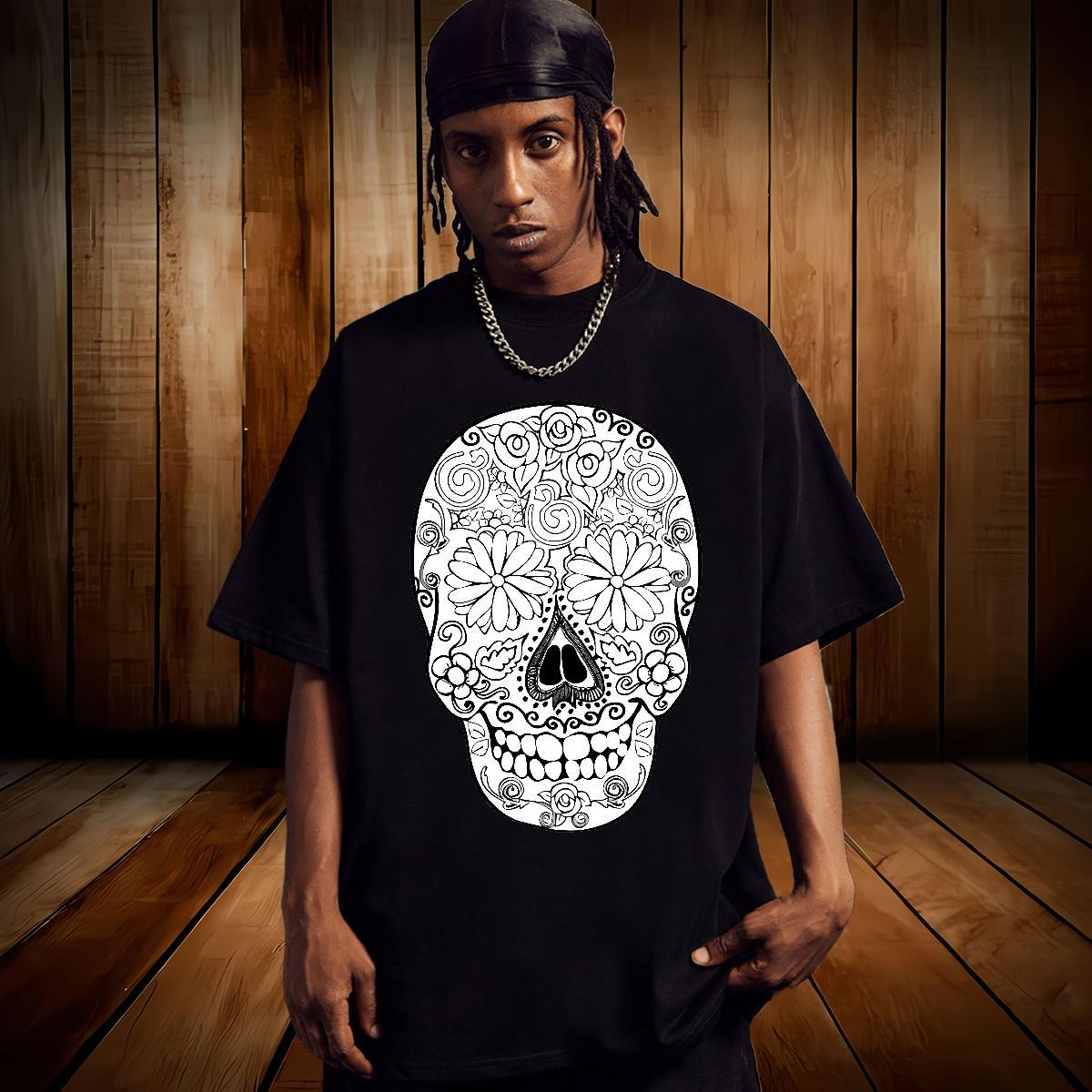 Loose T Shirts Men 230g Pure Cotton skull Casual Beach DIY Printed O Neck Short Sleeves Mens Tshirts Fashion Clothes