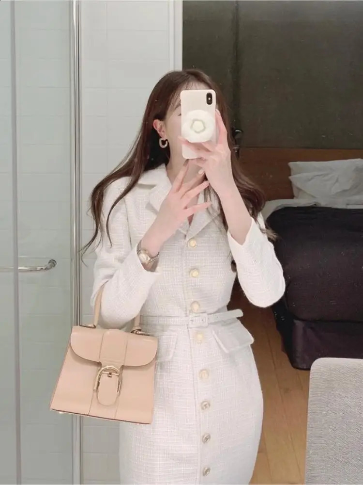 Fashion White Tassel Single Bodycon For Women Office Dresses Suit Collar Black Autumn Long Sleeve Female Formal Dress 240824