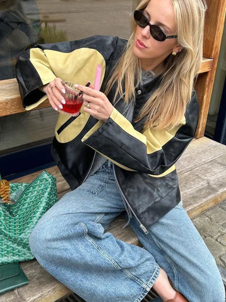 Pu Color Blocked Pocket Button Womens Leather Jacket Casual Long Sleeved Zipper Retro Coats Ladies Fashion Motorcycle Jackets 240823