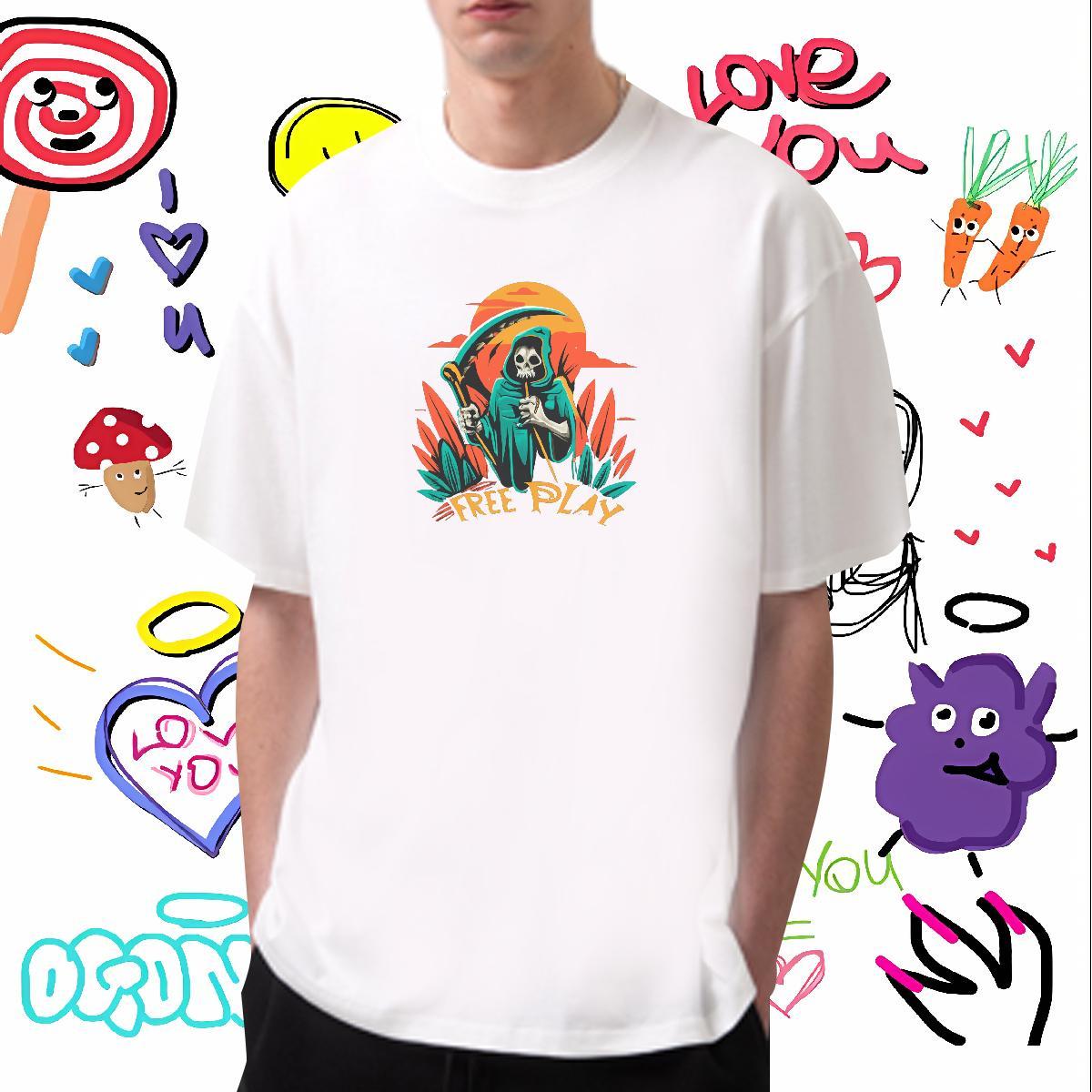 Comfortable Mens T Shirts 230g Pure Cotton skull Daily Outfit Cartoon Print Breathable Crew Neck Men Tops Tees DIY Clothes