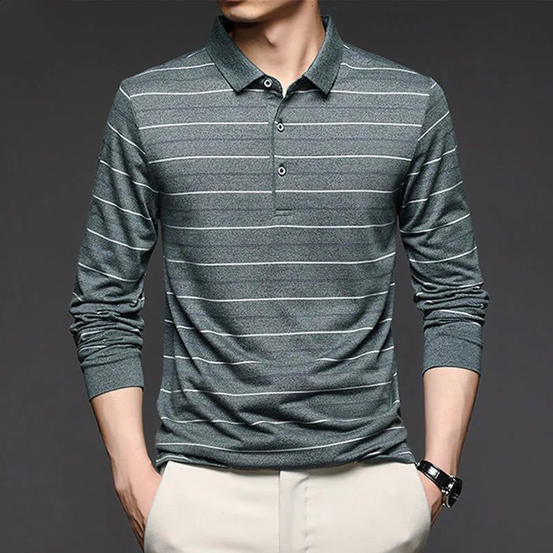 Streetwear Fashion Men Striped Polo Shirts Spring Autumn Long Sleeve Business Office Lapel Male Clothes Basic Casual Loose Tops 240824