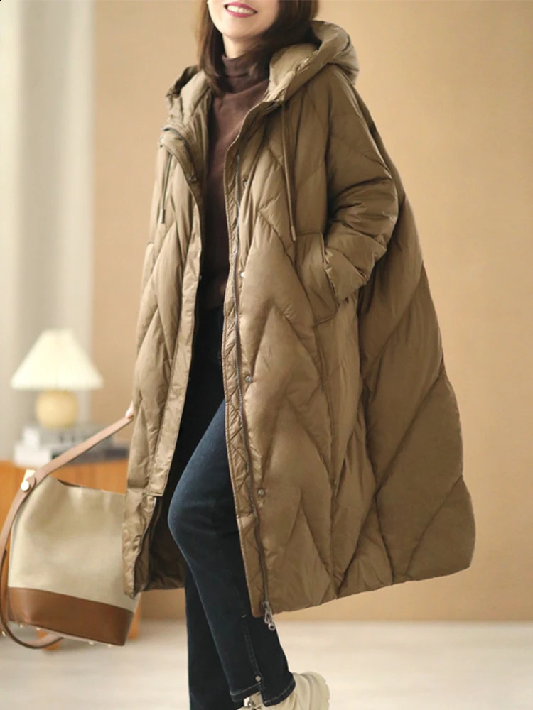 Janveny Women Loose Long Coat 90 White Duck Down Jacket Winter Female Overcoat Hooded Puffer Feather Parkas 251022