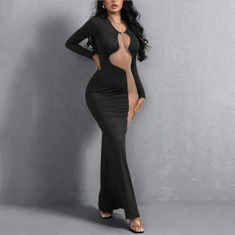 Summer Women Maxi Dress Mesh Stitching Sexy Dress Knitted Long Sleeve Round Neck Slim High Street Party Y2K Attirewear 240823
