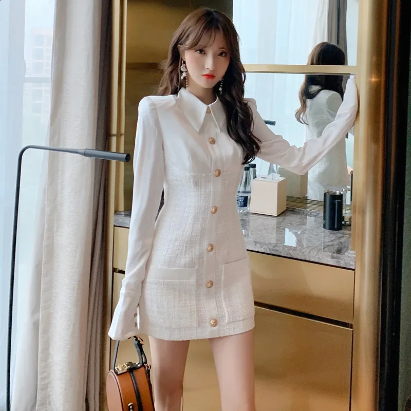 Fall Winter Fashion Women Office Dress Turn-down Collar Long Sleeve Metal Button Tweed Spliced White Bodycon Dress 240824