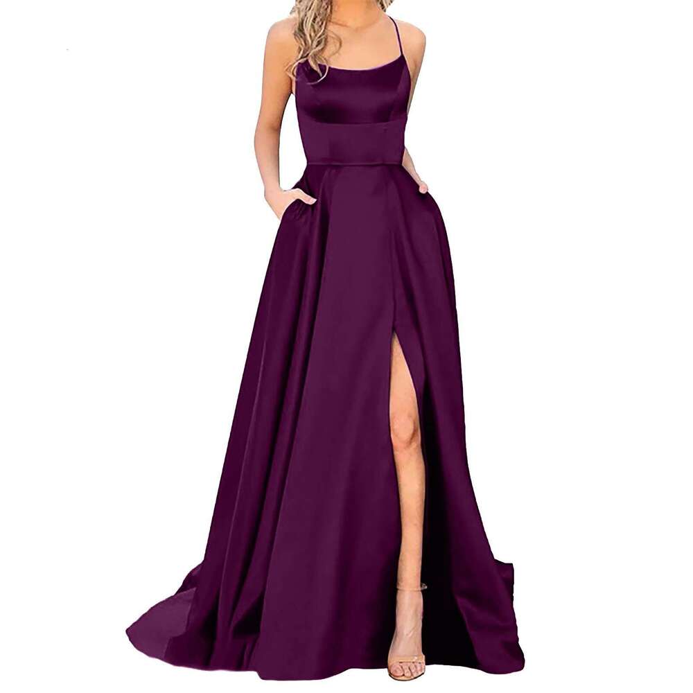 Prom Weddings Women Backless Long Dresses Satin Spaghetti Party Plus-Size Elegant Side Slit Formal Dress