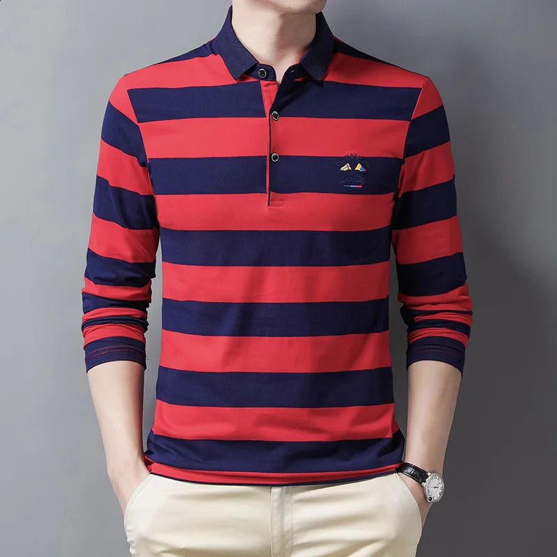 Summer Stripe Embroidery Mens Street Clothing Polo Shirt Cotton Casual Top Fashion Street Long Sleeve Mens Clothing 240824