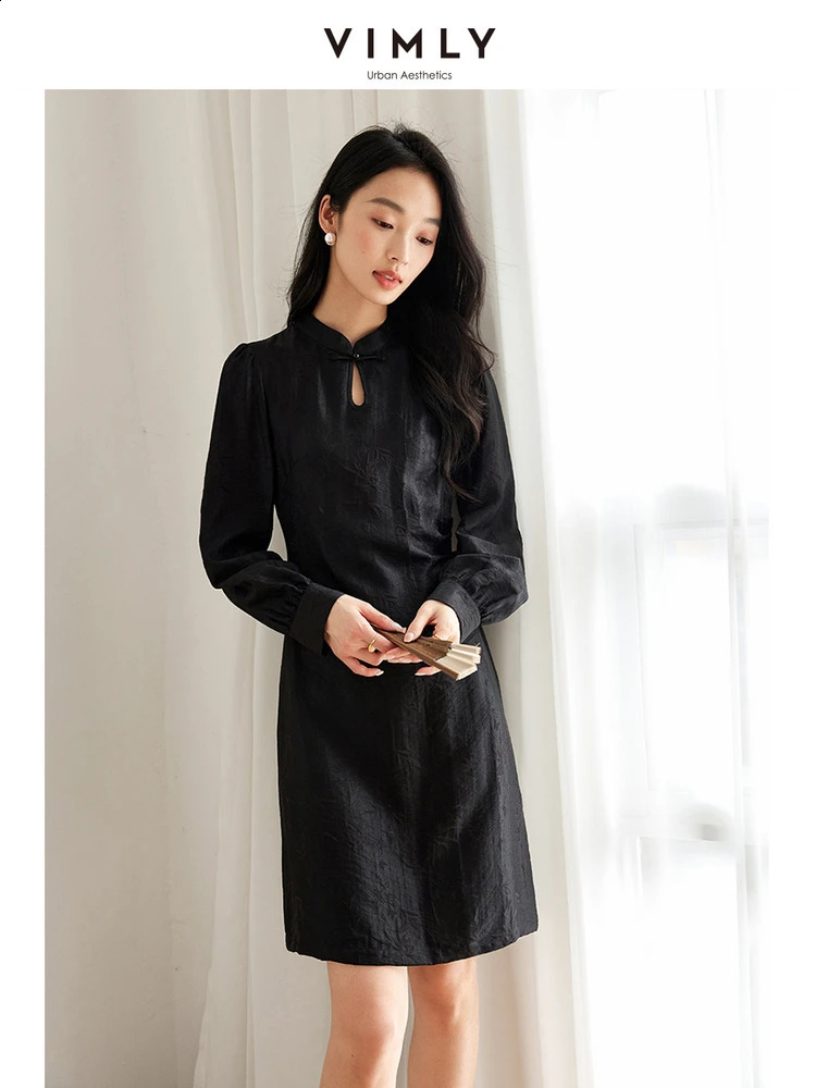 VIMLY Womens Chinese Style Improved Cheongsam Dresses Autumn Slim Dark Jacquard Lantern Sleeve Standing Collar A-Shape Dress 240824