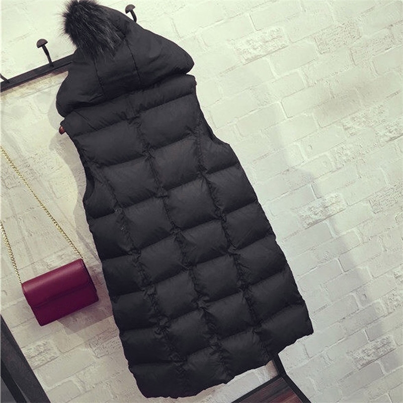 Autumn Winter Women Black Hooded Long Parkas Vest Fashion Warm Black Hooded Down Coat Parka Ladies Sleeveless Waistcoats 240823