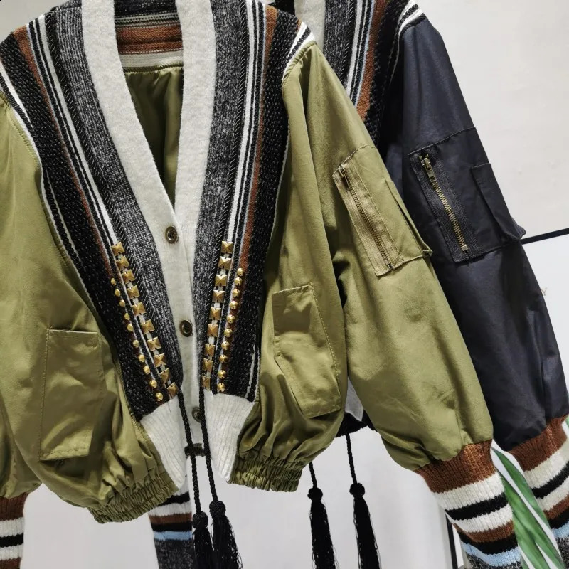 Korean Style Varsity Jacket Women 2024 Autumn Winter Fashion Patchwork Striped Knitted V-Neck Tassel Drawstring Coat Outwear 240823
