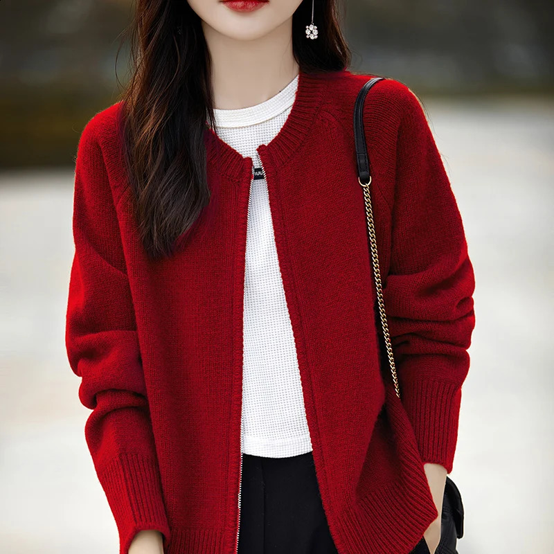 BELIARST Womens Top Spring Wear Zipper Cardigan 100% Pure Wool Knitted O-Neck Coat Casual Loose Long sleeved Jacket 240824