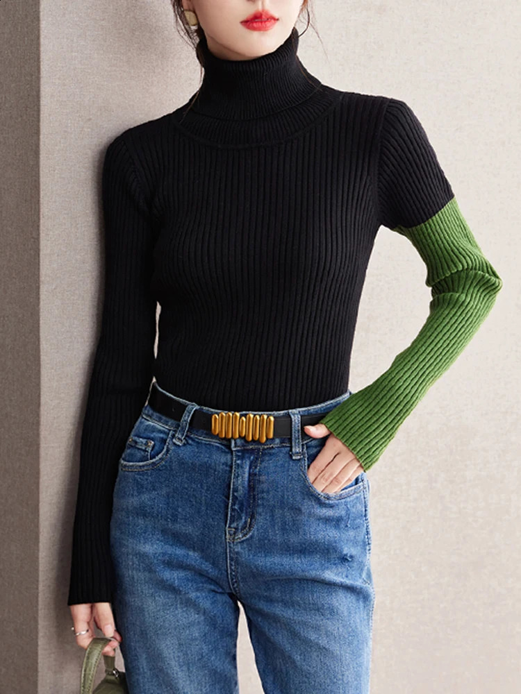 Contrast Color Splicing Slim Fit Top Autumn Long Sleeve Turtleneck Sweater Women Soft Knitted Pullover Tops 240824