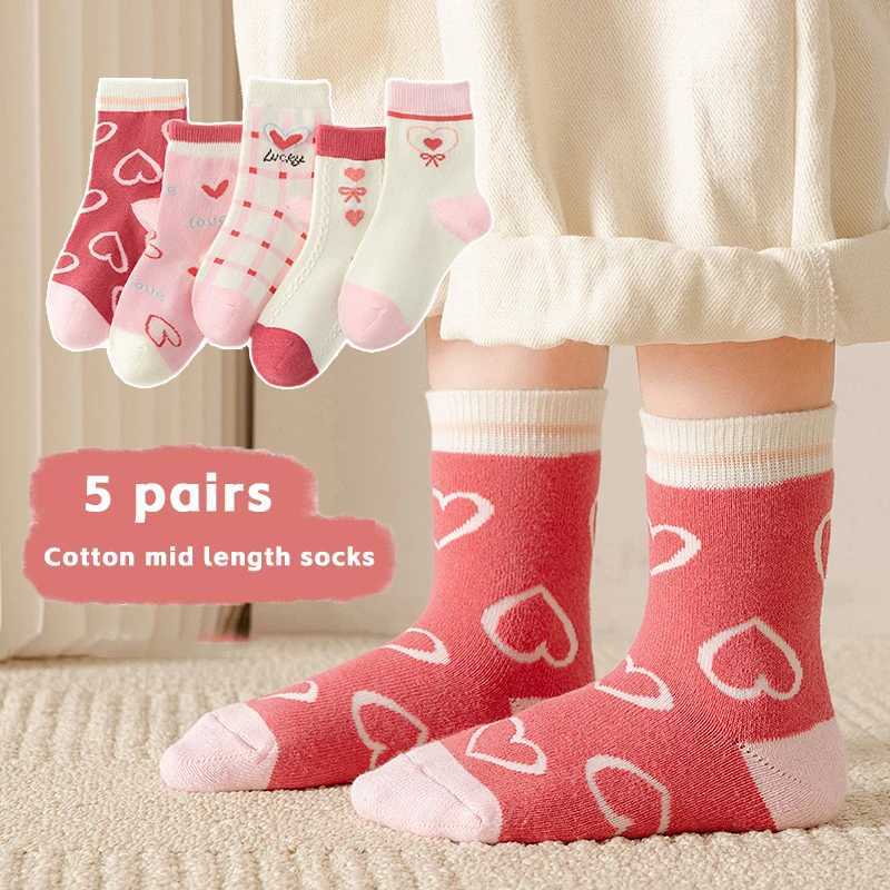5Pairs/Set Baby Socks Cute Kids Girls Cotton Sports Socks Cartoon Love Heart Print Casual Sports Clothes Accessories CL240824
