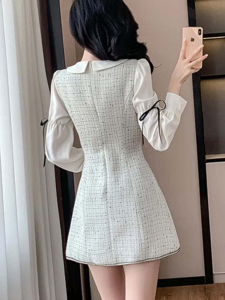French Vintage Patchwork Short Dresses for Women Long Sleeves Tweed Korean Birthday Party Evening Dresses Autumn Spring Vestidos 240824