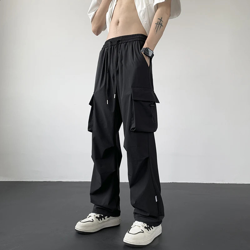 Casual streetwear mens harem jogging pants spring summer autumn solid loose cargo multi pocket wide leg 240823