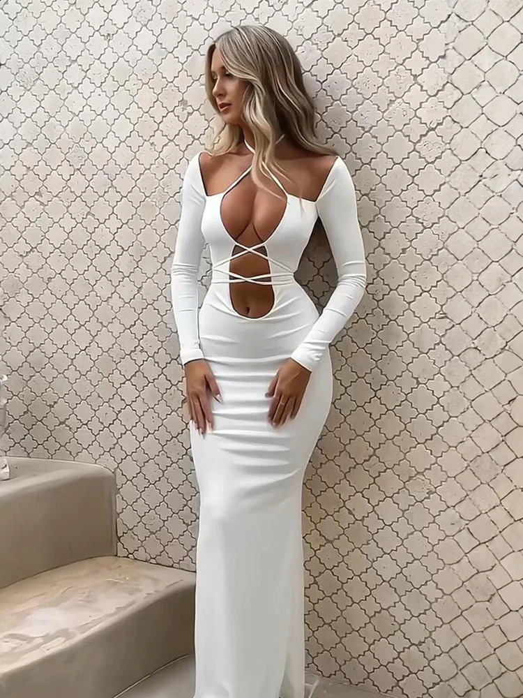 Sibybo Long Sleeves Lace Up Dress Sexy Chest Strap Cutout Dresses High Waist Skinny Robe Autumn/Winter Style Party Dress 240823