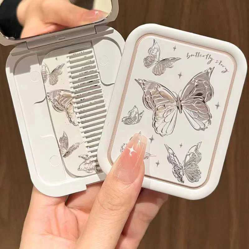 Portable Butterfly Flip-Top Folding Makeup Mirror Pocket Mirror Women Rectangle Cosmetic Make Up Mirror With CombXJ241213