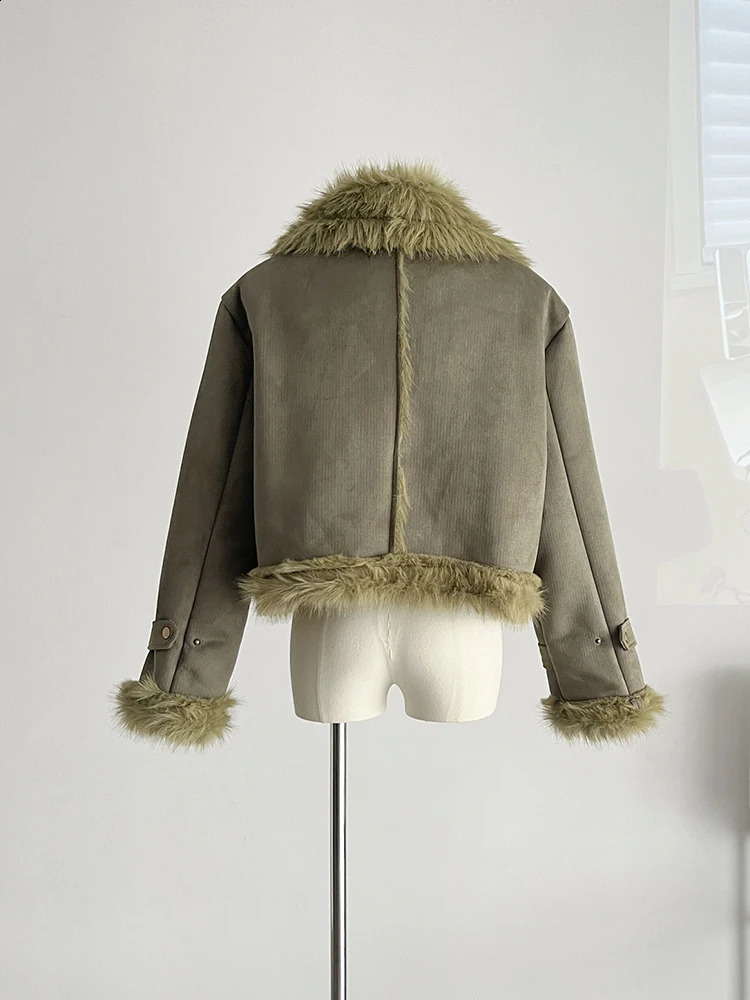 American Retro Woolen Coat TurnDown Collar Vintage Long Sleeve Green Leather Jacket Cozy Outerwear High Street Autumn Winter 240823