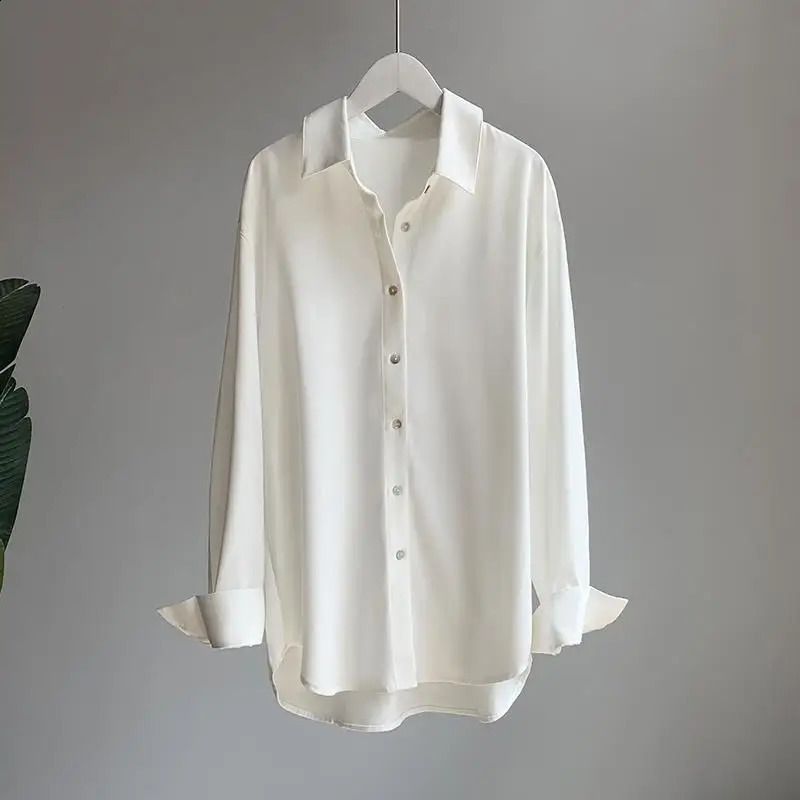 XEJ Womens Silk Shirt Retro Seasoning Chemical Super Large Office Clothing Spring White Satin Top 240823
