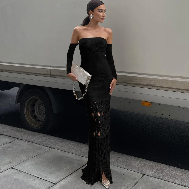 Knitted Tassel Hollow Out Long Sleeves Sexy Sheath Maxi Evening Prom Women Sexy Off Shoulder Slim Fit Dress Sweater Party 240823