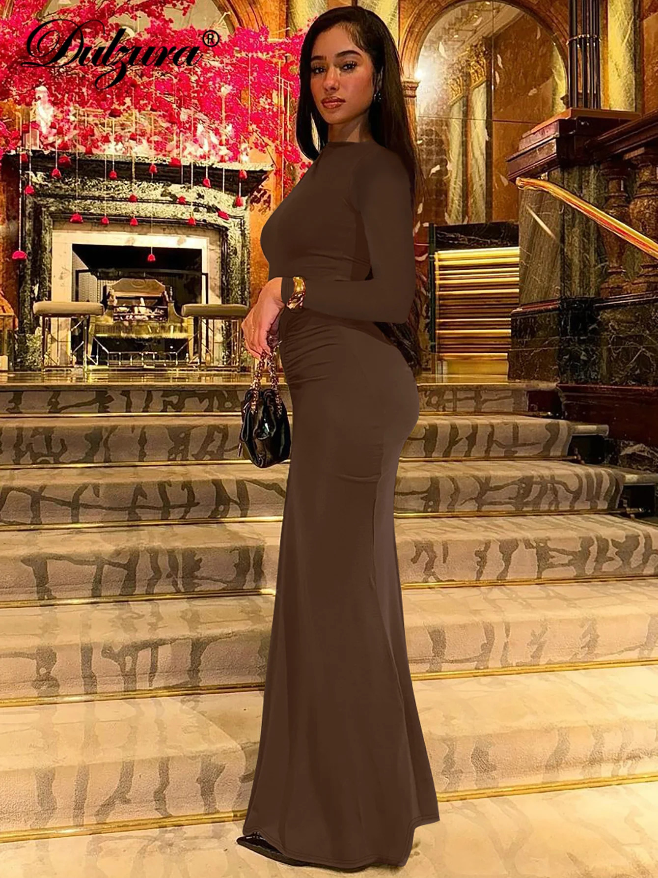 Dulzura Elegant Solid Maxi Dress Long Sleeve Bodycon Ruched Women Clothes Lady Cocktail Evening Party Dresses Y2K Wholesale 240823