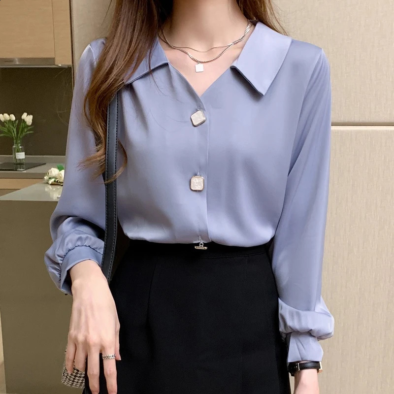 Autumn Womens Long Sleeved V-neck Vintage Lantern Sleeve Solid Simple Versatile Chiffon Shirt Blouse Camisas Tops A524 240823
