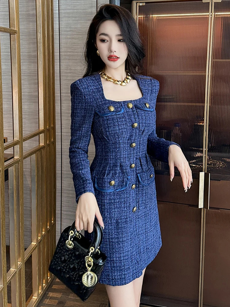 Quality Retro Short Dress for Women Elegant Blue Tweed Bright Silk Single Breasted Long Sleeve Mini Gown Office Street Vestidos 240824