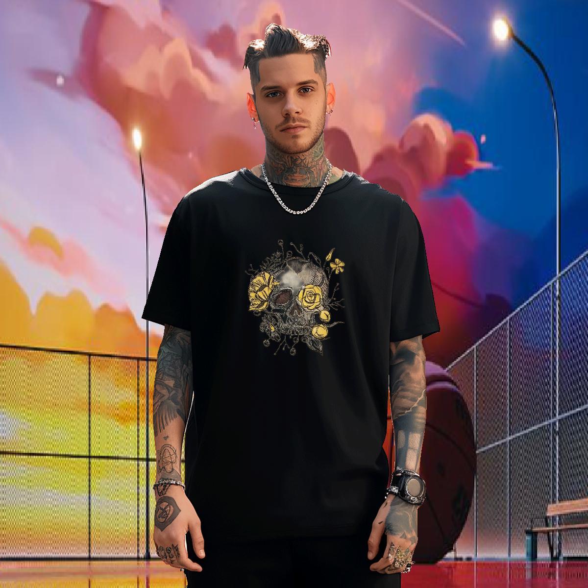 TOP Quality T shirt 230g Cotton skull Street Casual Black Oversized Pure Cotton Men Tops Tees Designer Tops Shirt