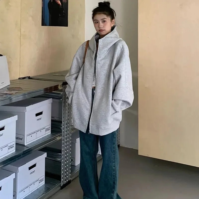 Silver Fox Velvet Autumn/Winter Double Loop Zipper Hoodie Sweatshirt Mens and Womens Loose Versatile Coat Trendy WF 240824