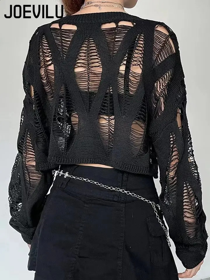 Perforated Hollow Out Knitted Blouse Sunscreen Long Sleeve Top Gothic Dark Black Sexy Thin Sweater Womens Summer Chic Crop Tops 240823