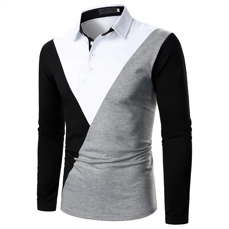Mens polo shirt with tricolor fabric diagonal neckline fashionable lapel long sleeved zipper 240823