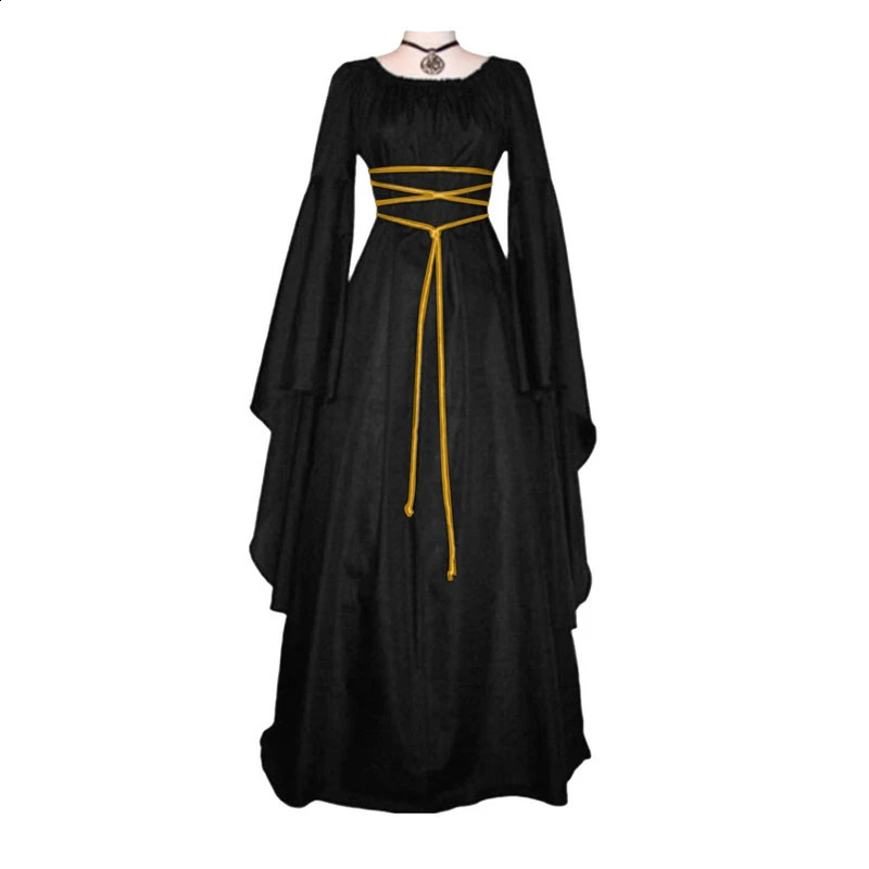 Medieval Retro Gothic Womens Long Dress Black Halloween Carnival Role Playing Costume w240824