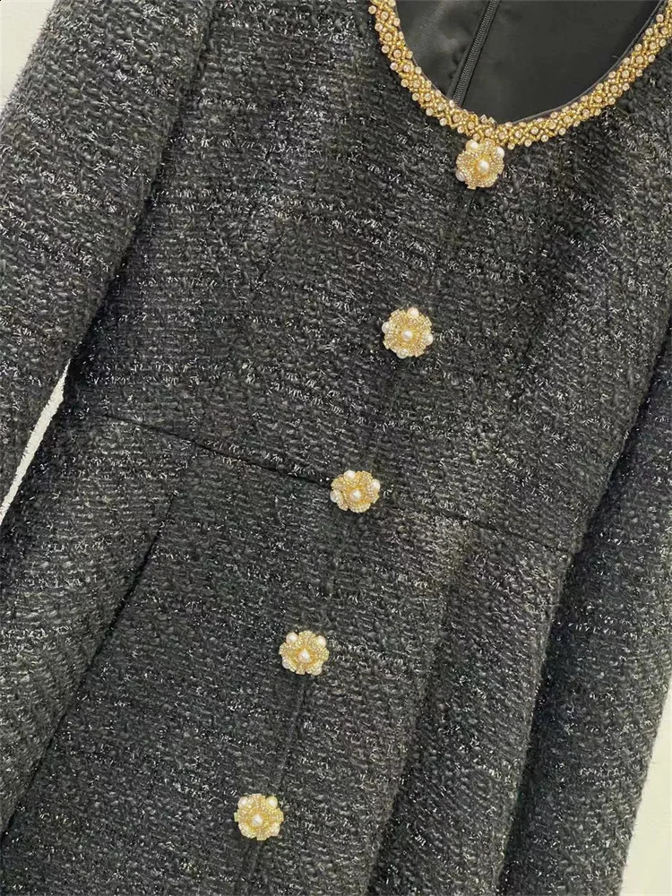 Pearl Buttons Ladies Slim Fit A-Line Short Robes Spring Womens Long Sleeve Square Collar Black Tweed Mini Dress 240824