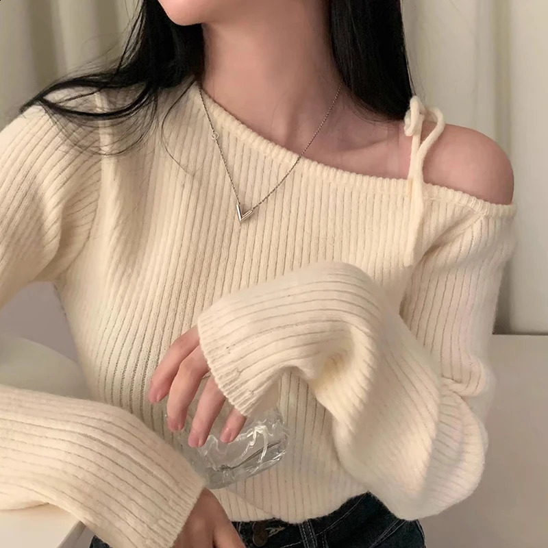 Irregular Skew Collar Sweater Off Shoulder Ropa Mujer Lace Up Bow Pullover Feminino Sexy Womens Clothing Korean Knitwears 240824