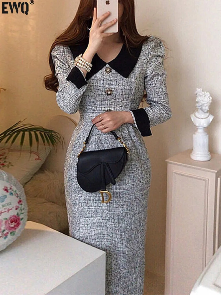EWQ Fashion Contrast Lapel Lace Up Collect Waist Tweed Dress Autumn spring Thickened Mid-calf Women Dresses 16R871 240824