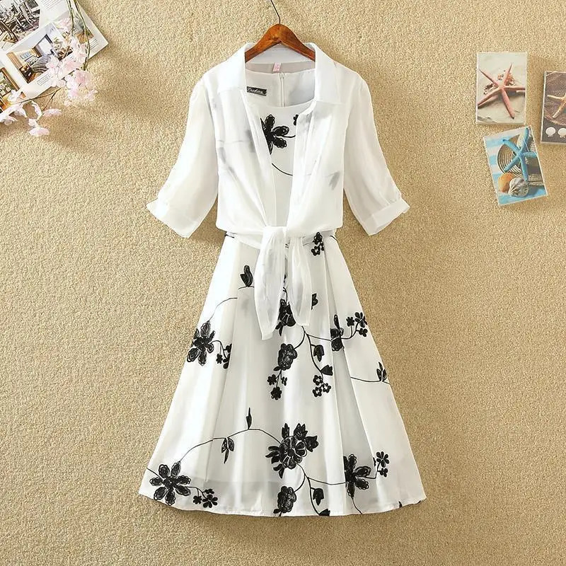 Set summer retro print small black skirt high waist sleeveless slim fashion A-line skirt two-piece dress 240823
