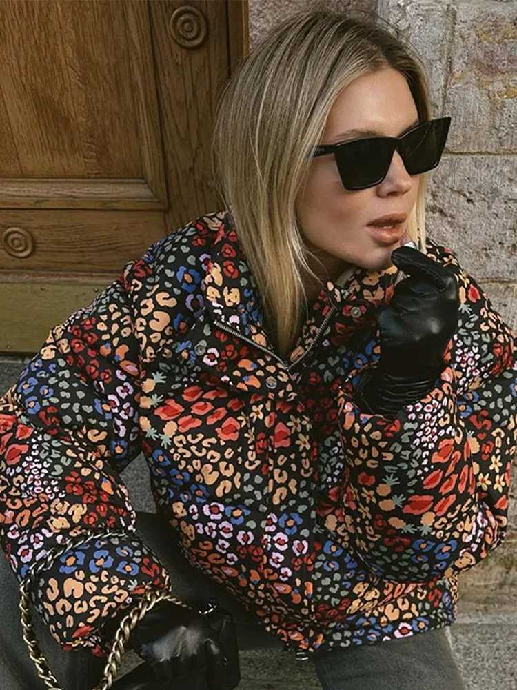 Women's Down Parkas Floral print thick womens cotton coat long Sleve zipper pocket flip cover womens jacket 2023 winter casual warm womens jacket