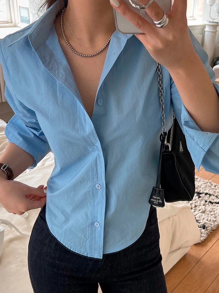 Zoki Casual Sexy Slim Shirt Women Elegant Fashion Long Sleeve Blouse Korean n Irregular Turn Down Collar Chic White Tops 240823