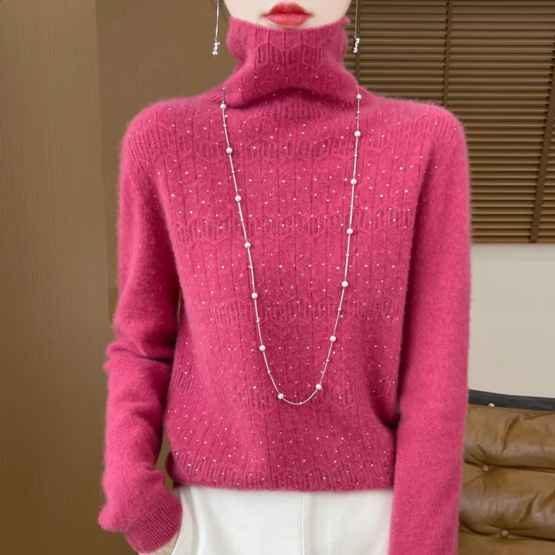 Womens Pullover Autumn/Winter 100% Pure Wool Sweater Casual Solid Knitted Sweater Turtleneck Loose Tops Fashion Hollow Blouse 240824