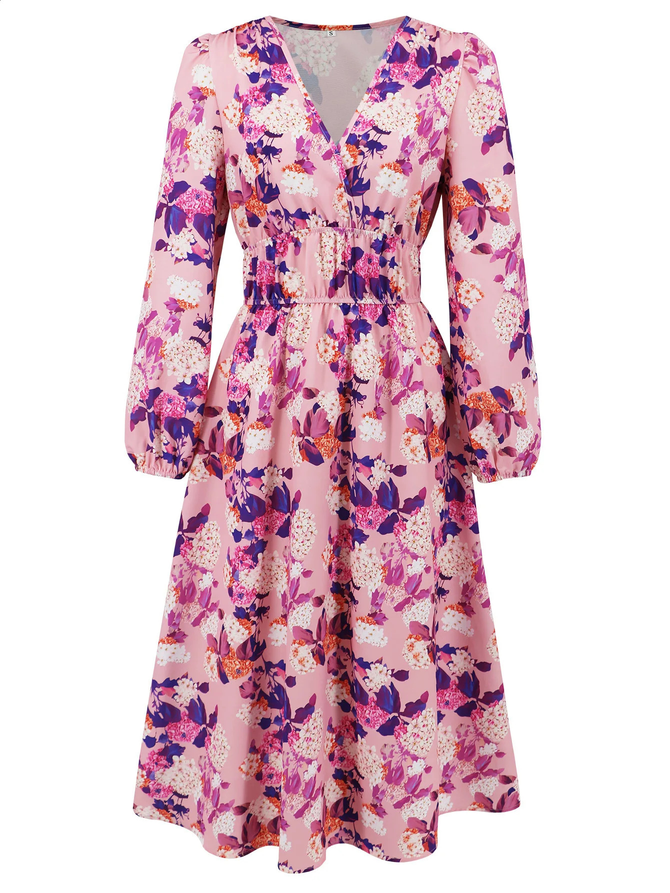 Han Yige European and American Womens Slim Fit Temperament Printed Waist Cinched Long Sleeved Dress 240824