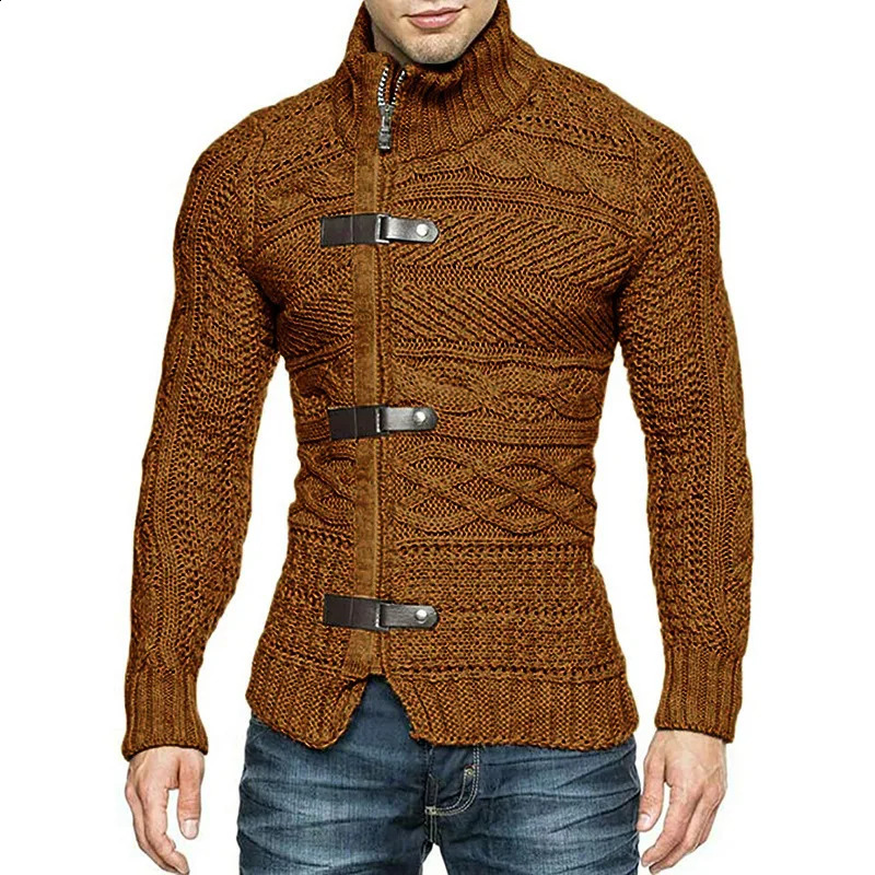 Autumn and Winter Mens Turtle Neck Sweater Fashion Leather Buckle Long Sleeve Knitted Open Collar Coat Large Clothing 240824