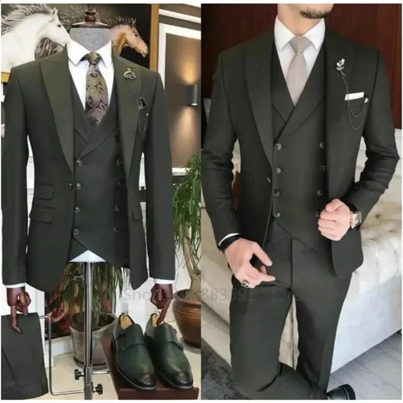 Khaki Formal Mens Slim Fit Set Piece Wedding Groom Dance Terno Mascuo Custom Jacket Vest Pants