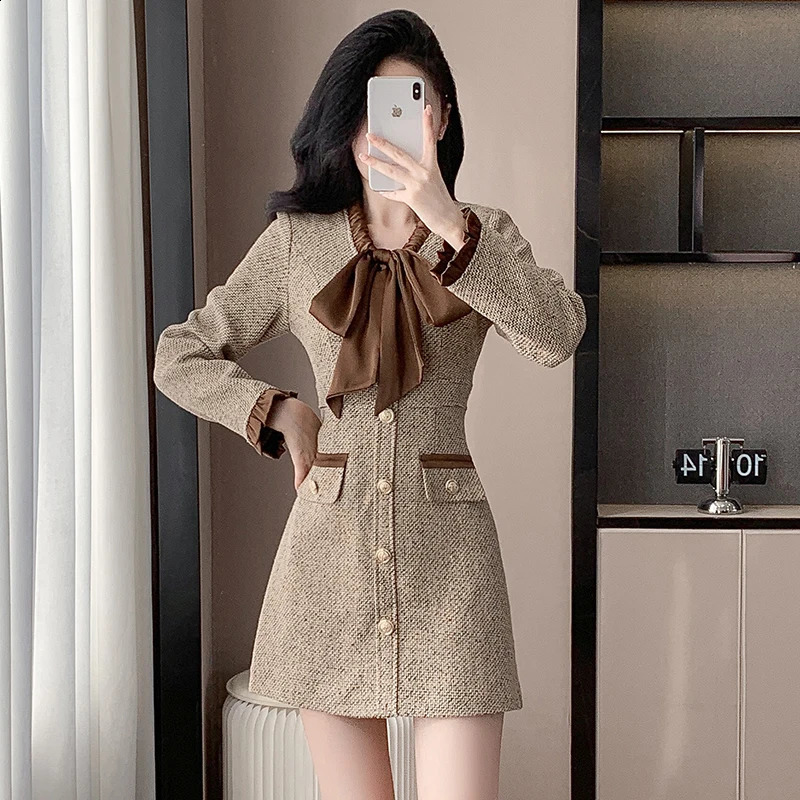 Autumn Fashion Women Tweed Dress Long Sleeve short vestidos de fiestas elegante mujer robes evening dress elegante 240824